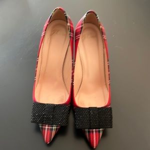 J crew red tartan pumps with black sequin bow